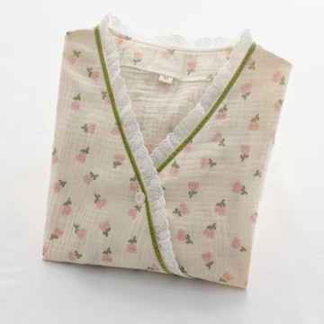 甜美蕾絲花邊睡衣女春秋夏季純棉紗布薄款日式汗蒸和服睡衣家居服