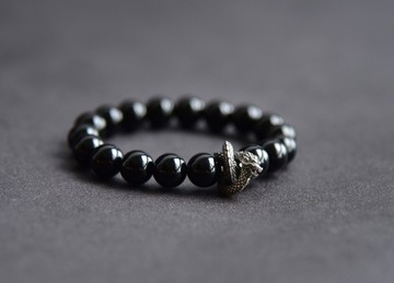 【黑曜石】天然黑曜石烏金純黑純銀盤龍簡約男女款手串