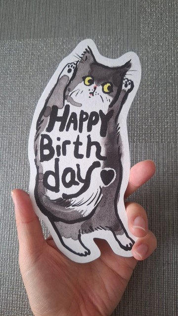 呆貓咪型生日咭 - 黑白貓