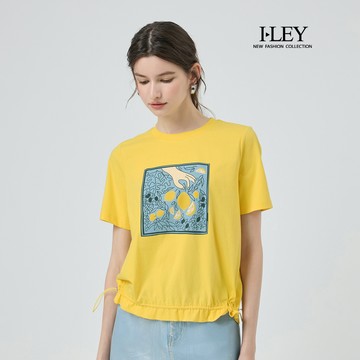 ILEY伊蕾 亮片插畫印花抽繩棉質上衣(黃；M-XL)