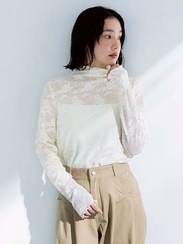 精緻花朵蕾絲透膚捲邊高領長袖上衣(06001384400) - Green Parks