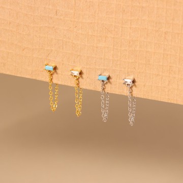 s925銀方形鋯石鏈條耳釘 自製原創銀耳釘 防敏感 養耳洞耳釘