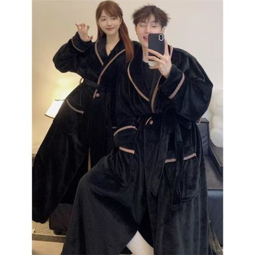 秋冬季紐扣牛奶絨睡袍女睡衣加厚男黑色300斤加肥加大珊瑚絨浴袍