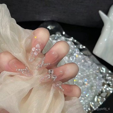 🎀純手工穿戴甲🎀【閉月羞花】純手工穿戴甲爆閃鋯石美甲光療甲片春夏季顯白法式甲新年美甲貼片ML 顯白美甲片高級感穿戴甲 6