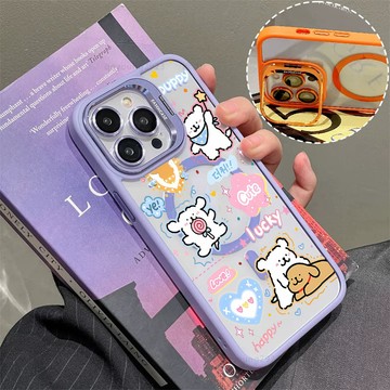 情侶線條小狗磁吸手機殼 金屬鏡頭支架 保護殼 適用於iPhone 17 16 15 14 13 12 11 Max防摔殼