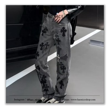 【HAO NICE】100%正品 CHROME HEARTS 潮流精品金屬拼皮十字架直筒牛仔褲 長褲