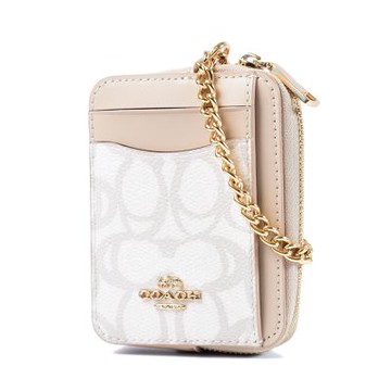 COACH 緹花LOGO鍊帶證件零錢包-象牙色
