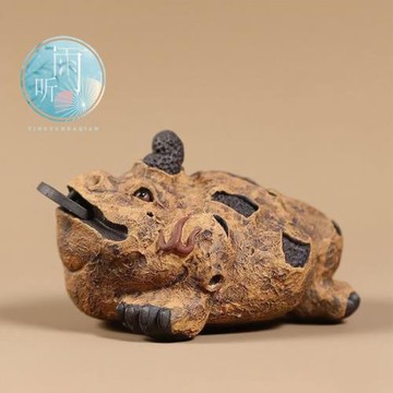 宜興紫砂茶寵擺件樹皮金蟾雕塑手工小號招財蟾蜍原礦茶道茶具配件