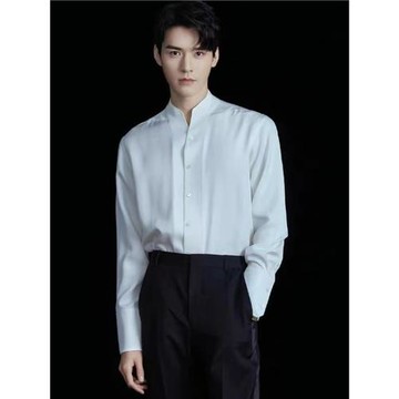 立領白襯衫男長袖春季職業正裝中式無領商務圓領工裝男士白色襯衣