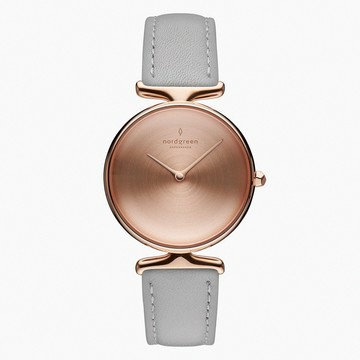 【Nordgreen】ND手錶 Unika 獨特 28mm 玫瑰金殼×磨砂金屬面 北極灰真皮錶帶(UN28RGLEGRBM)