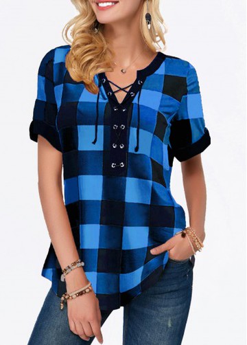 Split Neck Short Sleeve Plaid Print Blouse
