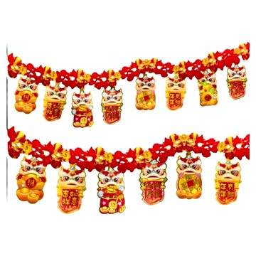 獅子拉花 PVC+紙圖案 雙面彩色 單面燙金 拉開總長約180cm 獅子約寬10.5cm x 高15.5cm  拉開總長約180cm，獅子約寬10.5cm x 高15.5cm