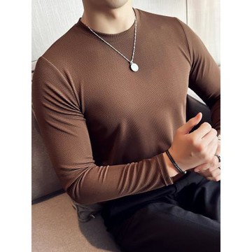 高級感華夫格彈力修身t恤男長袖春秋新款休閑百搭打底衫體恤上衣