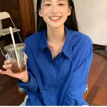 【MIMU】🌷有貨🌷 高級感藍色POLO領長袖襯衫外套女寬鬆休閒開衫襯衣中長款上衣 休閒襯衫 春夏防曬百搭襯衫