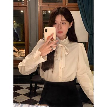 法式富家千金小香風系帶白色襯衫女減齡顯瘦內搭長袖花邊上衣秋季