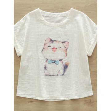 漫畫風卡通貓咪減齡雙層棉紗白T恤女短袖打底衫大碼小清新學生潮