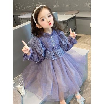 韓國女童春季連衣裙2024新款公主裙女寶寶蕾絲禮服加厚高級感裙子