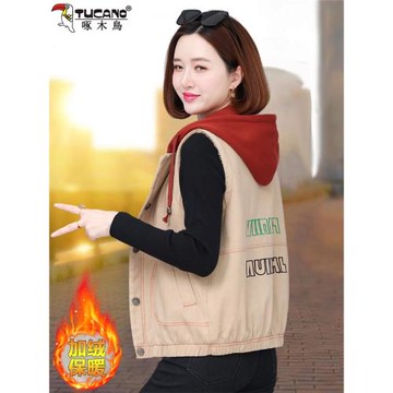 啄木鳥加絨馬甲女2025冬季新款時尚百搭中年媽媽保暖背心馬夾外套