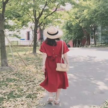 2020年新款小雛菊紅色收腰顯瘦雪紡桔梗森系連衣裙子時尚氣質夏季