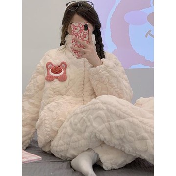 珊瑚絨睡衣女款冬季拉鏈可外穿2024新款秋冬款三層加厚夾棉加絨