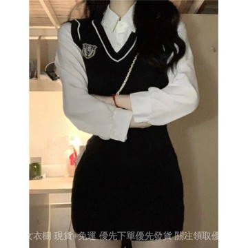 免運 台灣出貨 假兩件拚接套裝連衣裙女鞦裝2025新款純慾森係顯瘦學院風包臀裙限時下殺 2422