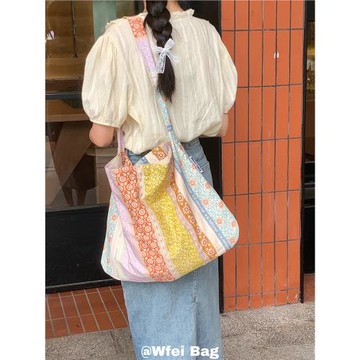 Wfei夏日彩色碎花帆布包包女民族風斜挎包休閑單肩包復古托特包