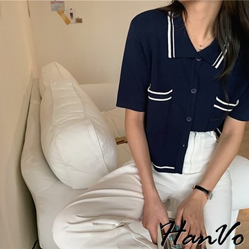 【HanVo】質感撞色線條polo針織衫 韓系休閒百搭寬鬆短袖針織上衣 韓國韓系女裝 女生衣著 A01-1261