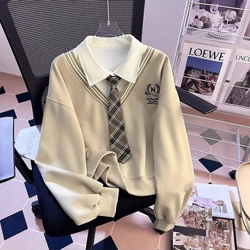 學院風Polo領帶假兩件衛衣女秋季新款時尚高級感寬鬆刺繡帽T上衣