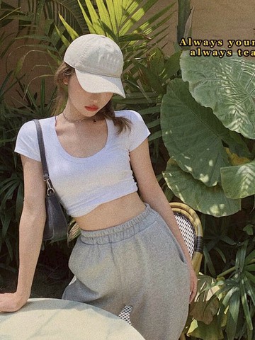 韓版修身t恤女春季小心機短款新款短袖方領學生百搭小眾上衣