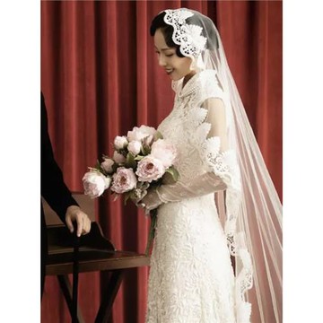 新款復古頭紗2019新娘結婚紗頭飾單層頭紗軟紗韓式拍照蕾絲頭紗