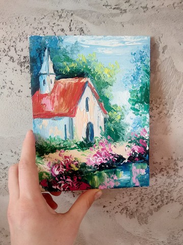 房子畫。原創藝術。繪畫牆藝術。花抽像畫。