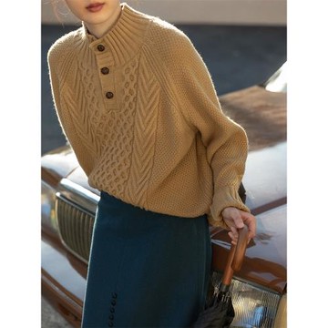 法國Rouje Damas復古加厚半高領設計感麻花毛衣慵懶風套頭針織衫