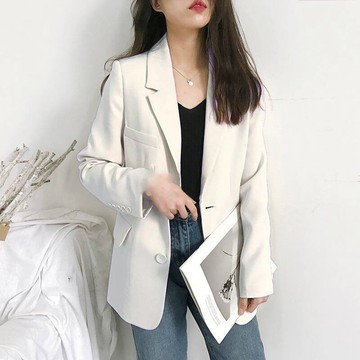 【小歡喜Little Joy】白色時尚通勤西服女 粉色休閒舒適修身西服外套 英倫風氣質外套 春秋新款
