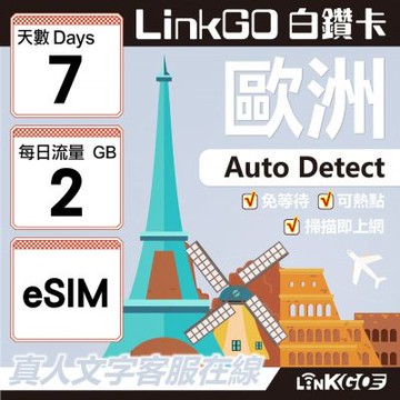 LINKGO白鑽卡  歐洲 BICS eSIM卡 7天上網卡 每日2GB (歐洲網卡 西班牙 德國 奧地利 英國)
