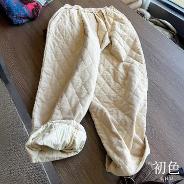 初色 慵懶風純色鬆緊腰菱形格紋口袋休閒褲寬褲長褲-米色-16730(M-2XL可選)