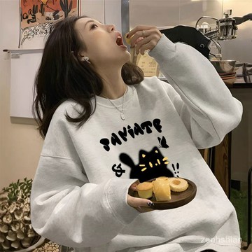【台灣出貨】美式復古上衣 大尺碼上衣 圓領衛衣女 卡通貓咪印花衛衣 刷毛衛衣 中長款 內搭打底衫 顯瘦遮肉 加絨加厚衛衣