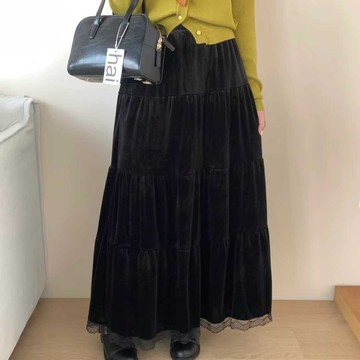 BAi白媽媽 絲絨蕾絲長裙／冬季鬆緊腰A字蛋糕長裙 Chic－【350738】