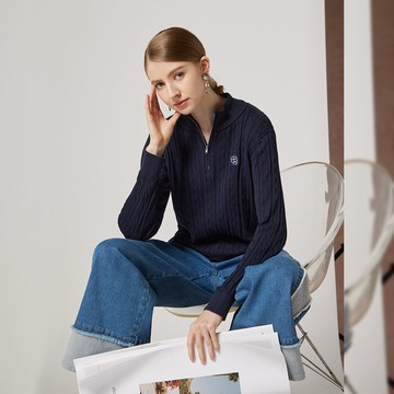 有機棉半開襟拉鍊刺繡針織衫(3色)