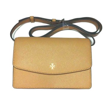 【TORY BURCH】雙T-LOGO防刮皮革翻蓋斜背包 -焦糖