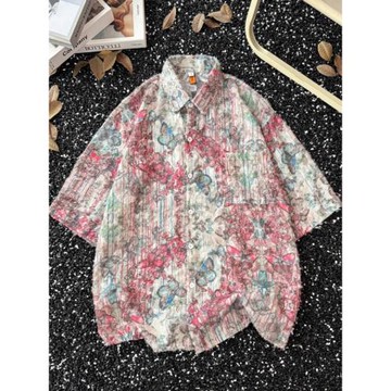 美式蝴蝶滿印短袖襯衫男女夏季潮流寬松毛邊襯衣痞帥情侶半袖外套