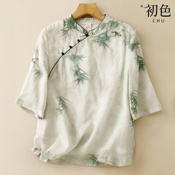 初色 復古風印花立領五分短袖斜門襟 襯衫上衣女上衣-綠色-35168(M-2XL可選)