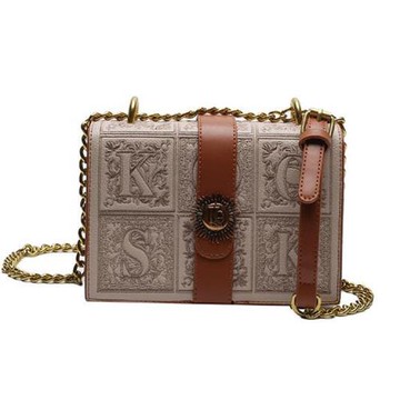 【Sp house】復古英文繡線側肩單肩女用鍊條小方包(3色可選)