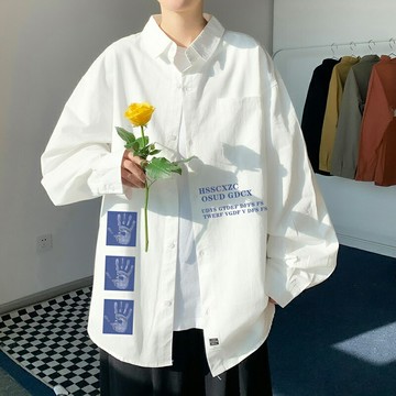 春季襯衫男加肥加大碼寬松長袖襯衣時尚簡約日系印花休閑襯衫