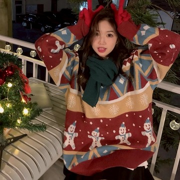 冬季圓領耶誕紅色毛衣針織加厚上衣