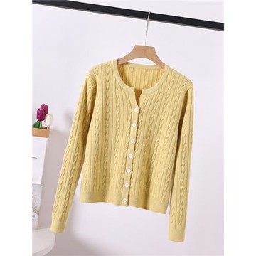 秋冬厚款針織開衫復古氣質軟糯毛衣純色麻花圓領短款女裝外套上衣