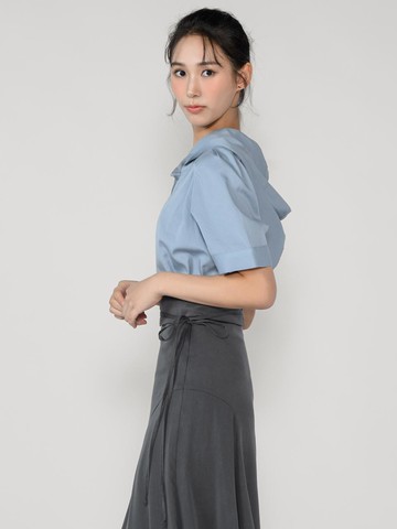 COTTON HOOD SHORT SLEEVED BLOUSE [skyblue]