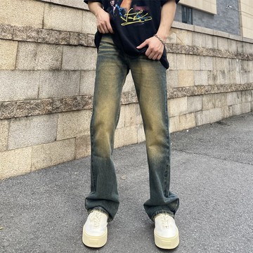 美式高街復古水洗微喇牛仔褲直筒寬鬆直筒顯瘦cleanfit男休閒長褲123