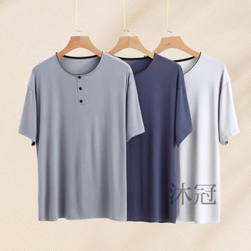 莫代爾上衣男士夏季圓領睡衣短袖t恤大碼中年爸爸休閑冰絲家居服