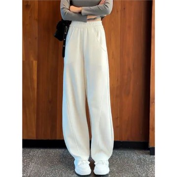 (免運)WANG AEGO加絨衛褲女秋冬款白色高腰顯瘦闊腿美式休閑運動香蕉褲