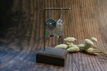 古銀小玉石耳環中國風復古耳飾